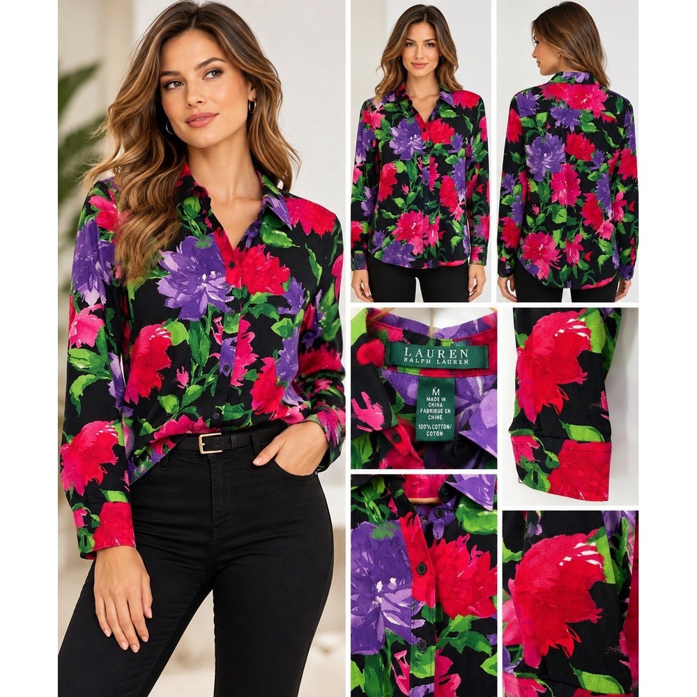 Ralph Lauren Womens Shirt Black Floral Bold Colorful Cotton Size M(7-b56)
